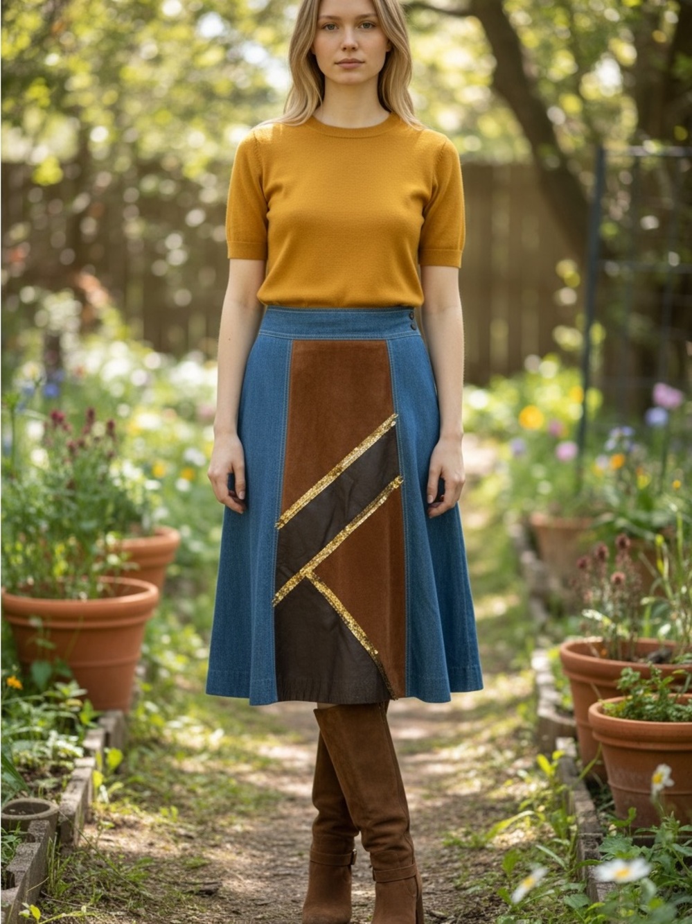 Vintage Dr. Denim & Mr. Hide Patchwork Denim Suede Midi Skirt Sequin Detail